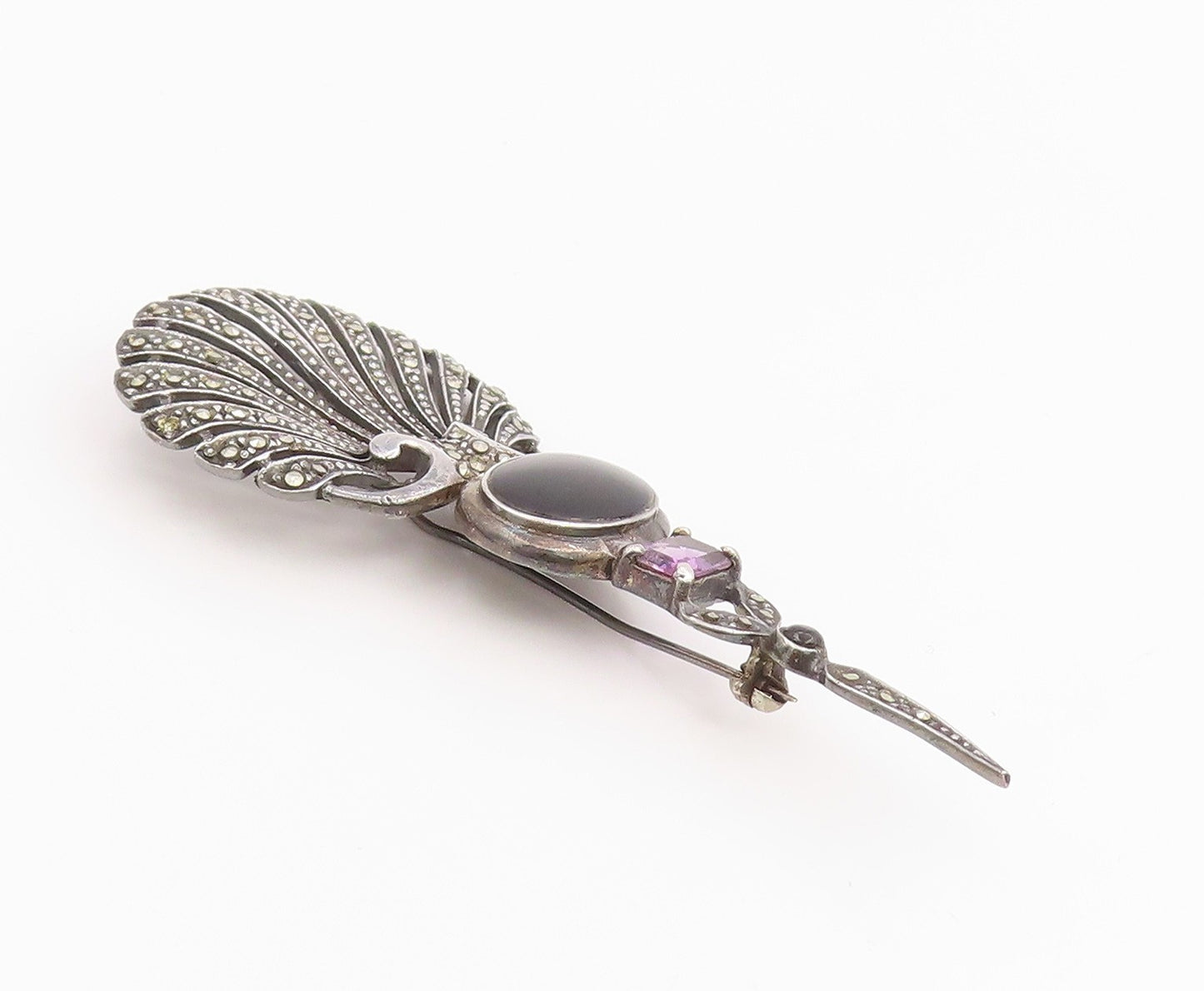 925 Sterling Silver Vintage Brooch Pin Multi Gemstone Shell Shaped Motif BP12447