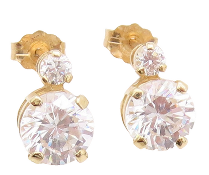 925 Sterling Silver Vintage Earrings Gold Plated Round Cut CZ 2 Stones  EG13416