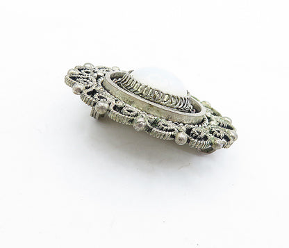 ISRAEL 925 Sterling Silver  Vintage Milky White Stone Swirl Brooch Pin  BP2651