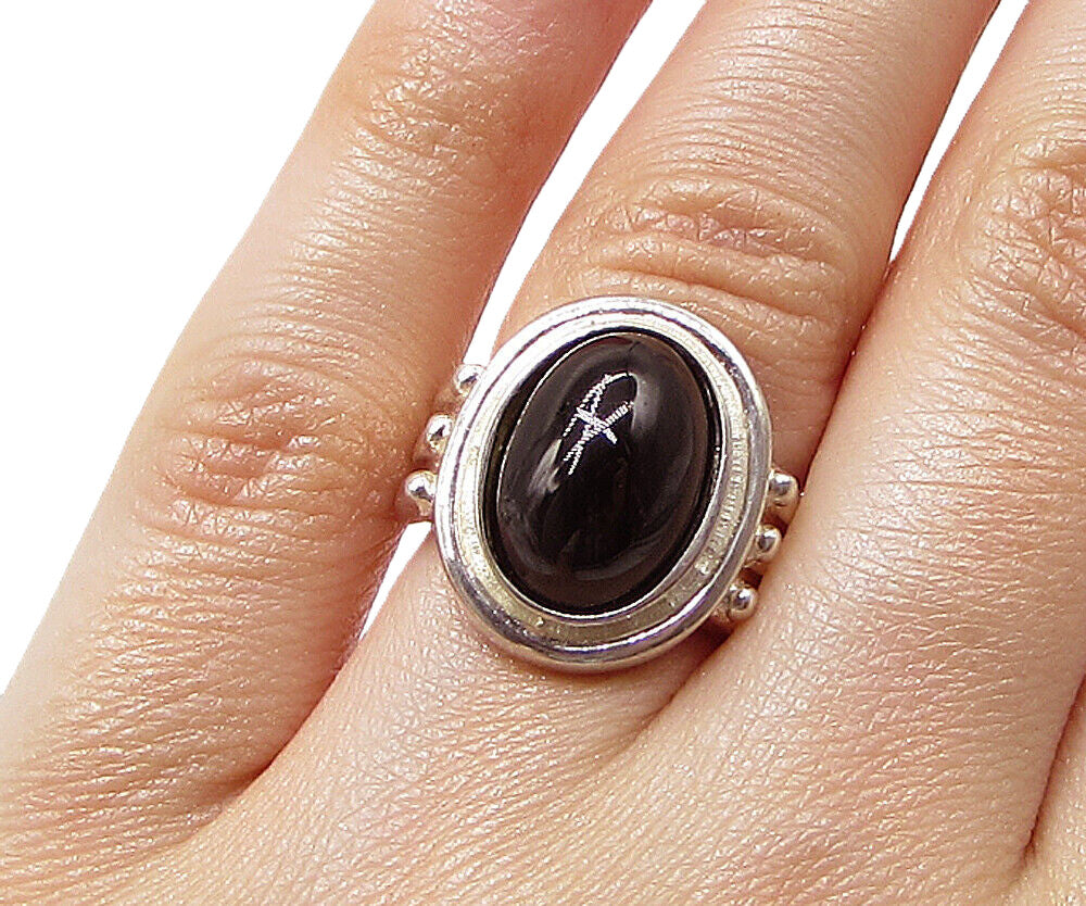925 Sterling Silver Cabochon Cut Black Onyx Oval Solitaire Ring Sz 4.5 RG2971
