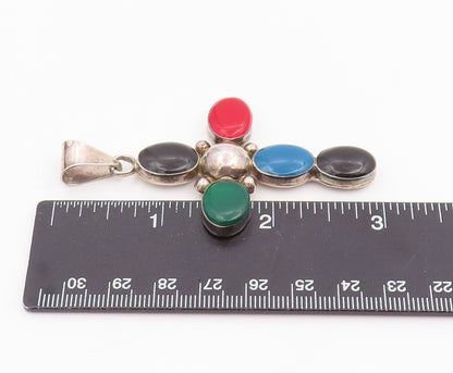 925 Sterling Silver Vintage Pendant MEXICO Cabochon Multi Gemstone Cross PT26045