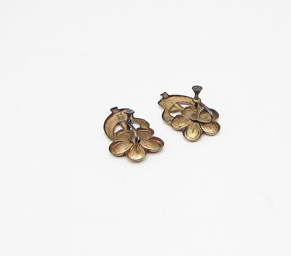 Rose Gold Over 925 Silver  Vintage Floral Non Pierced Screwback Earrings EG1983