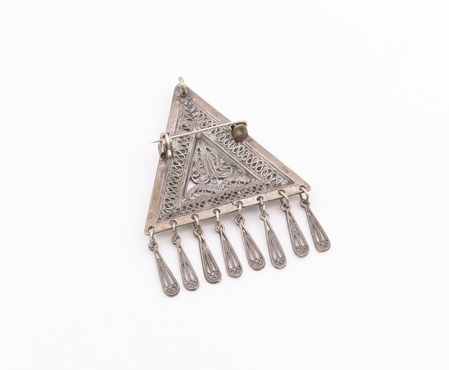 925 Silver  Vintage Triangular Floral & Diamond Pattern Brooch Pin  BP9427
