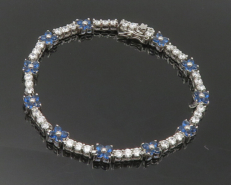 925 Sterling Silver  Cubic Zirconia & Blue Topaz Floral Chain Bracelet  BT6842