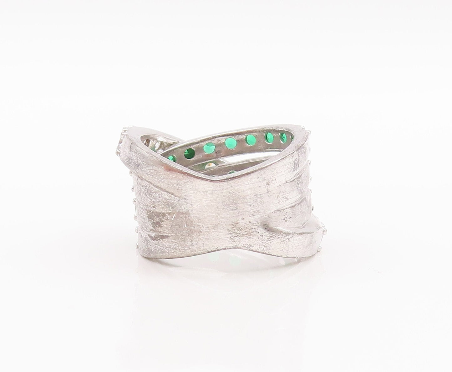 925 Sterling Silver Vintage Ring Designer Green & White CZ Bands  Sz 7  RG29593