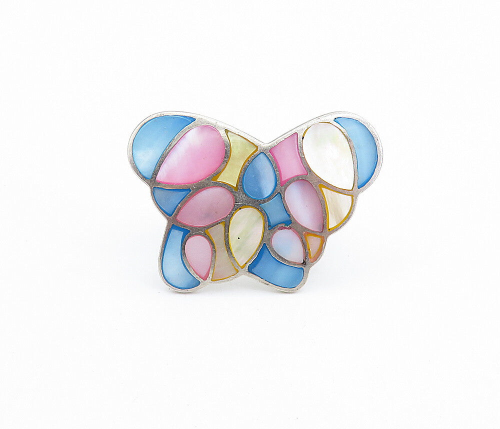 925 Silver  Vintage Mother Of Pearl Butterfly Cocktail Ring Sz 6.5  RG7721