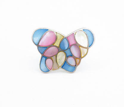 925 Silver  Vintage Mother Of Pearl Butterfly Cocktail Ring Sz 6.5  RG7721
