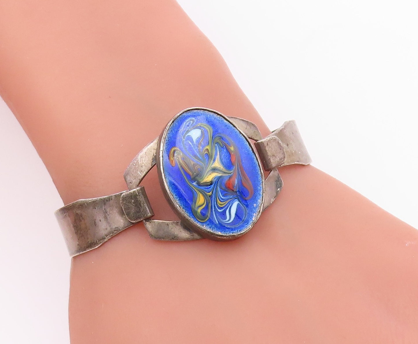 ISRAEL 925 Sterling Silver  Vintage Enamel Art Hook Bangle Bracelet  BT9307