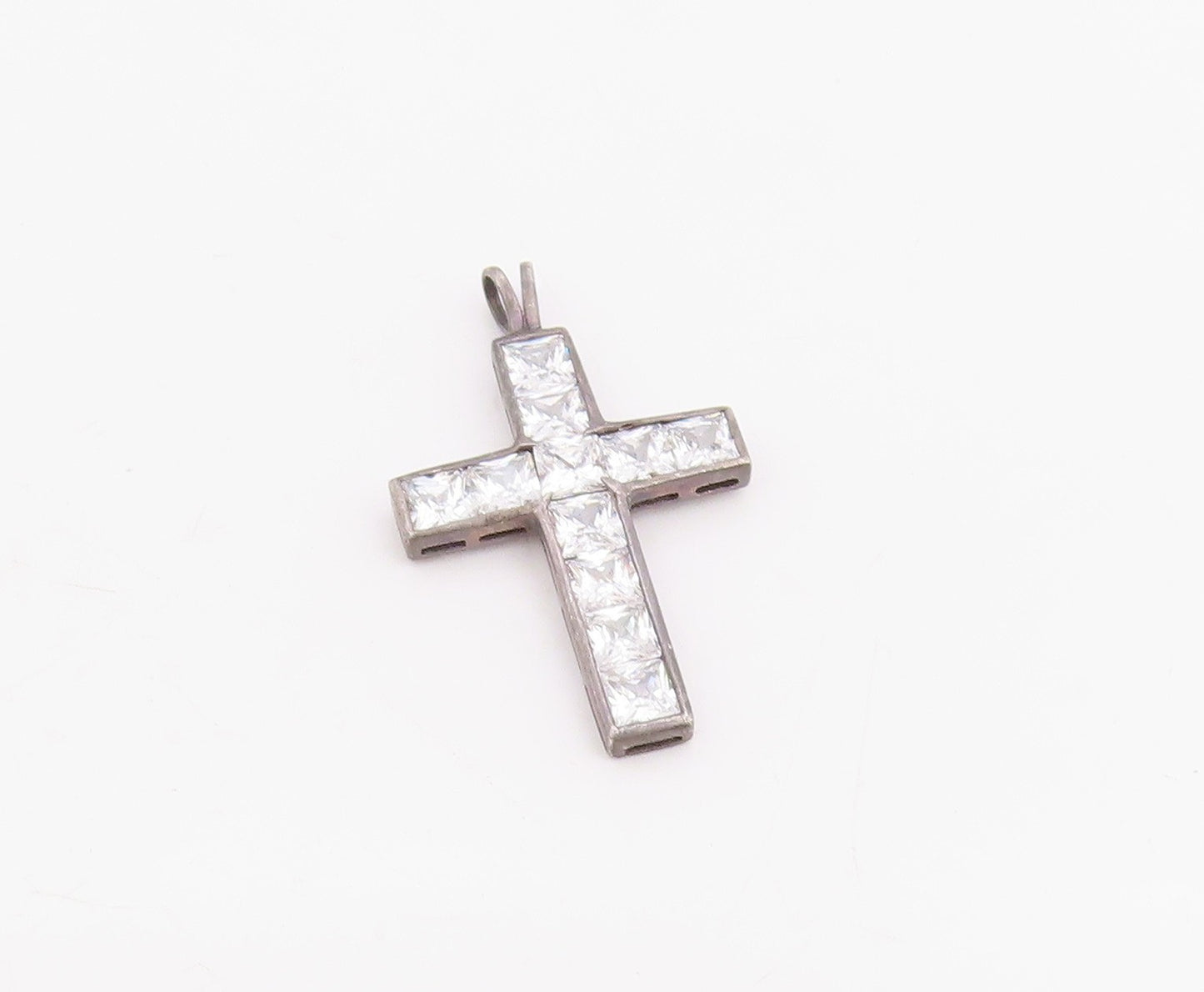 925 Sterling Silver Vintage Pendant CZ Geometric Square Religious Cross  PT25868