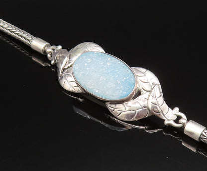 925 Silver  Vintage Blue Drusy Quartz & Etched Leaves Chain Bracelet  BT9674