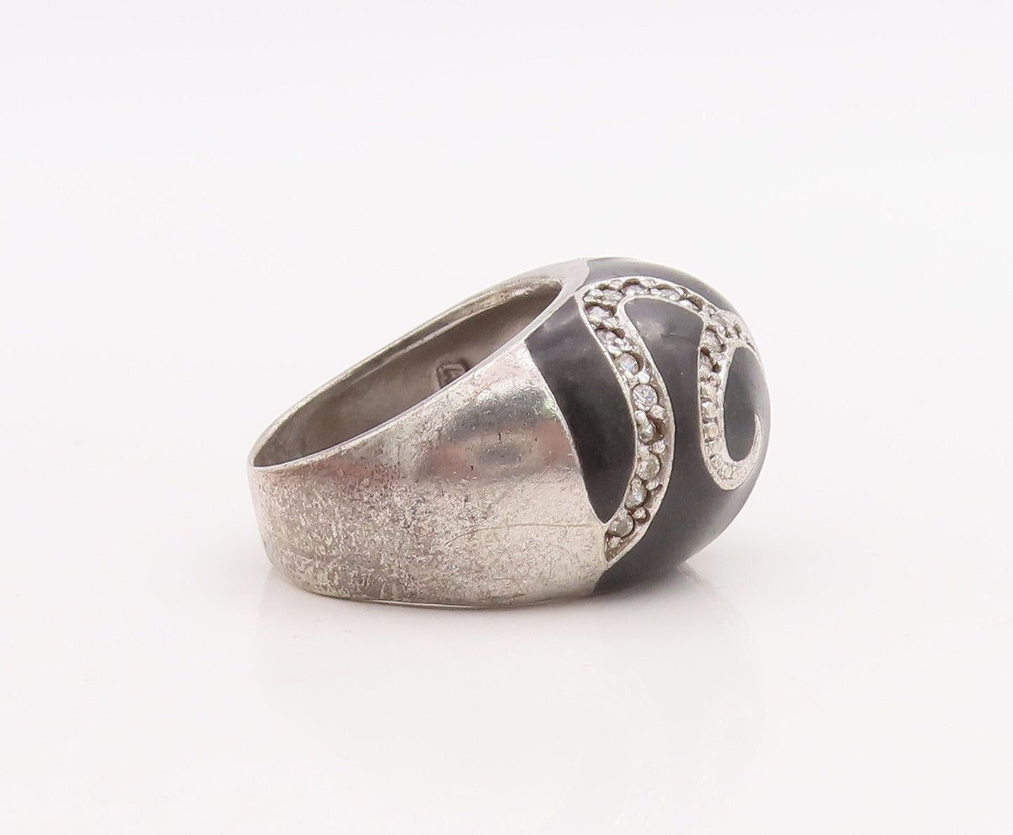925 Sterling Silver Vintage Ring Large Onyx With Topaz Band Design  Sz 8 RG28879
