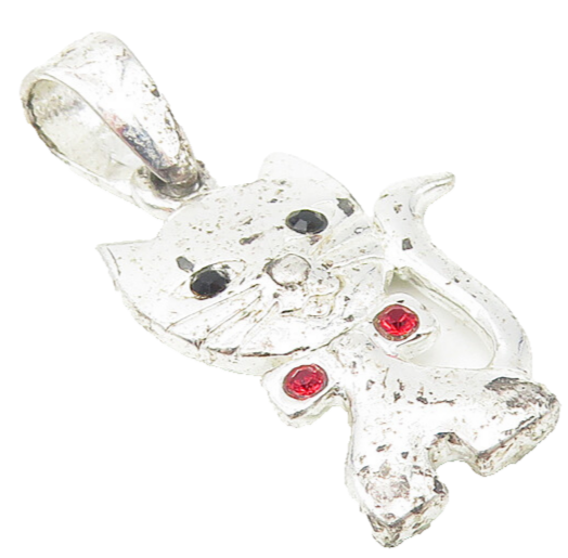 925 Sterling Silver  Black Hematite & Red Topaz Cat Motif Pendant  PT9306
