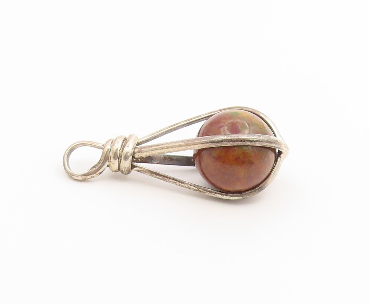 925 Sterling Silver Vintage Pendant Modernist Jasper Orb Teardrop Cage  PT26631