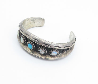 NAVAJO 925 Silver Vintage Fire Opal & Turquoise Etched Cuff Bracelet BT3341