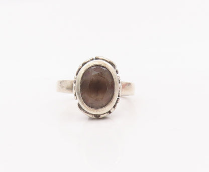 925 Sterling Silver Vintage Ring Swirly Carved Inlay Smoky Quartz  Sz 7  RG28111
