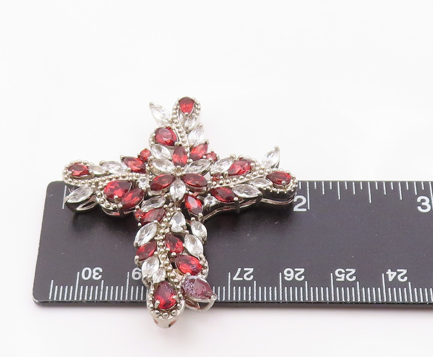 925 Sterling Silver Vintage Pendant Garnet & Topaz Religious Cross   PT26356