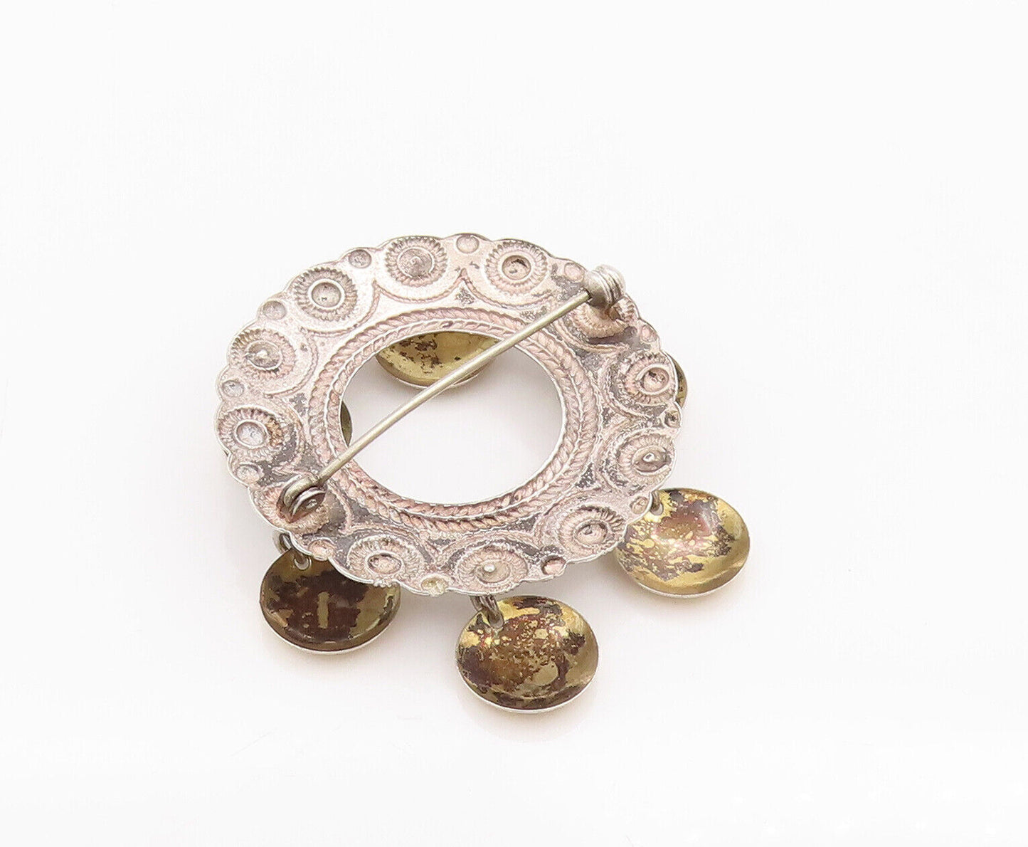 925 Sterling Silver Vintage Brooch Pin Europe Carved Ring Dangling Coins BP10892