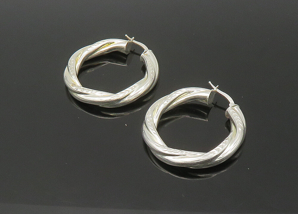 925 Sterling Silver  Vintage Shiny Etched Hollow Twist Hoop Earrings  EG11042