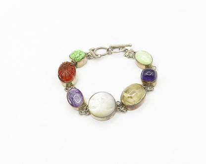 925 Silver Vintage Mother Of Pearl Quartz & Multi Stone Chain Bracelet BT6852