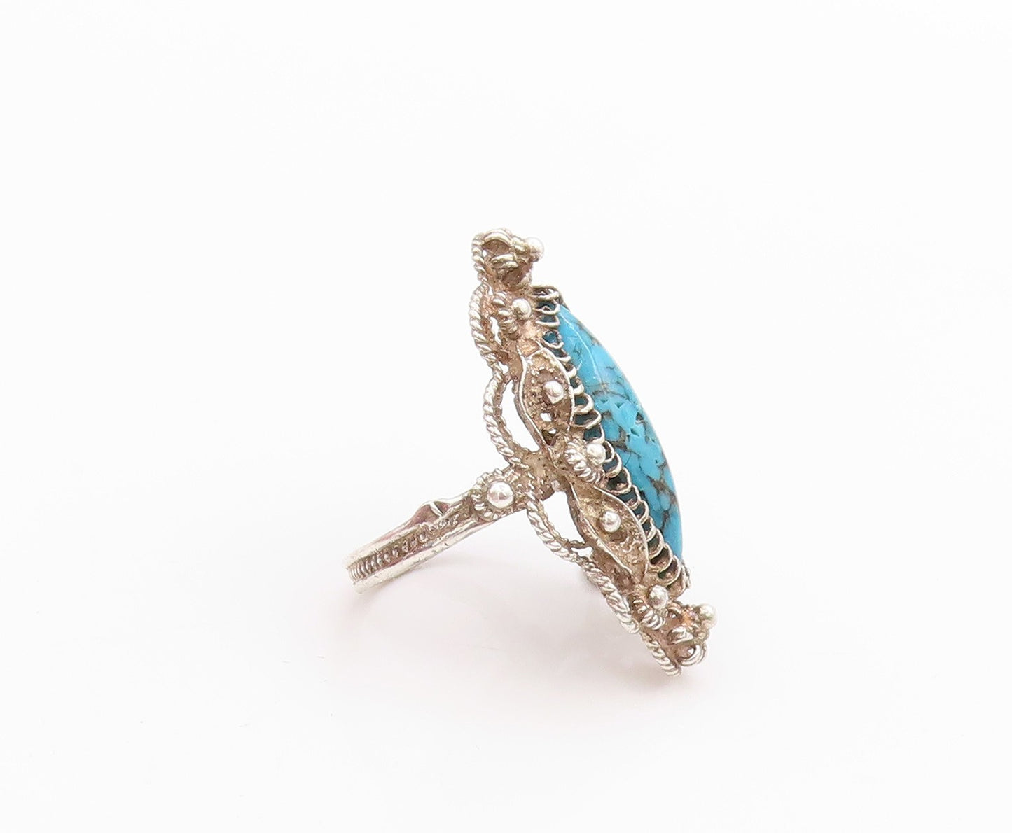 925 Sterling Silver Vintage Ring Turquoise Twisted Floral Cutout  Sz 6  RG33436