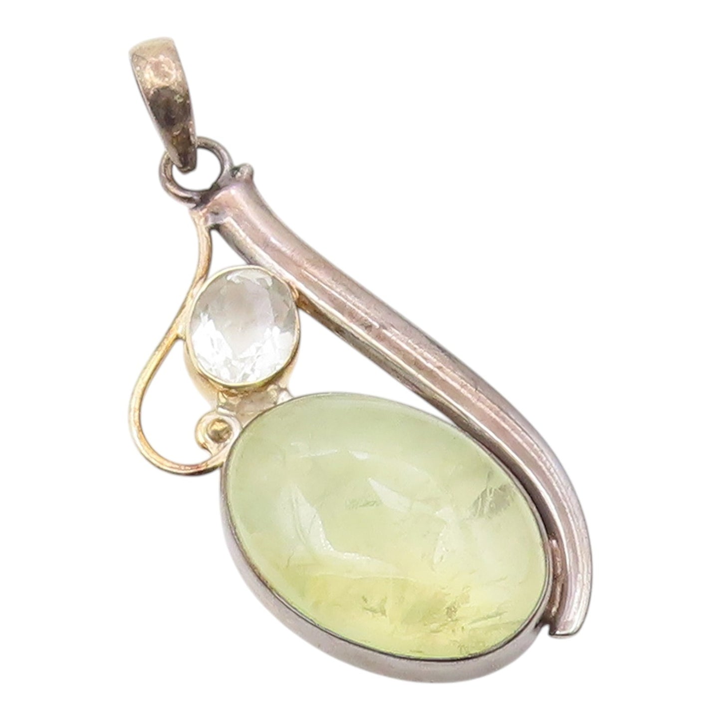 925 Sterling Silver  Vintage Cabochon Prasiolite & Topaz Pendant  PT18839