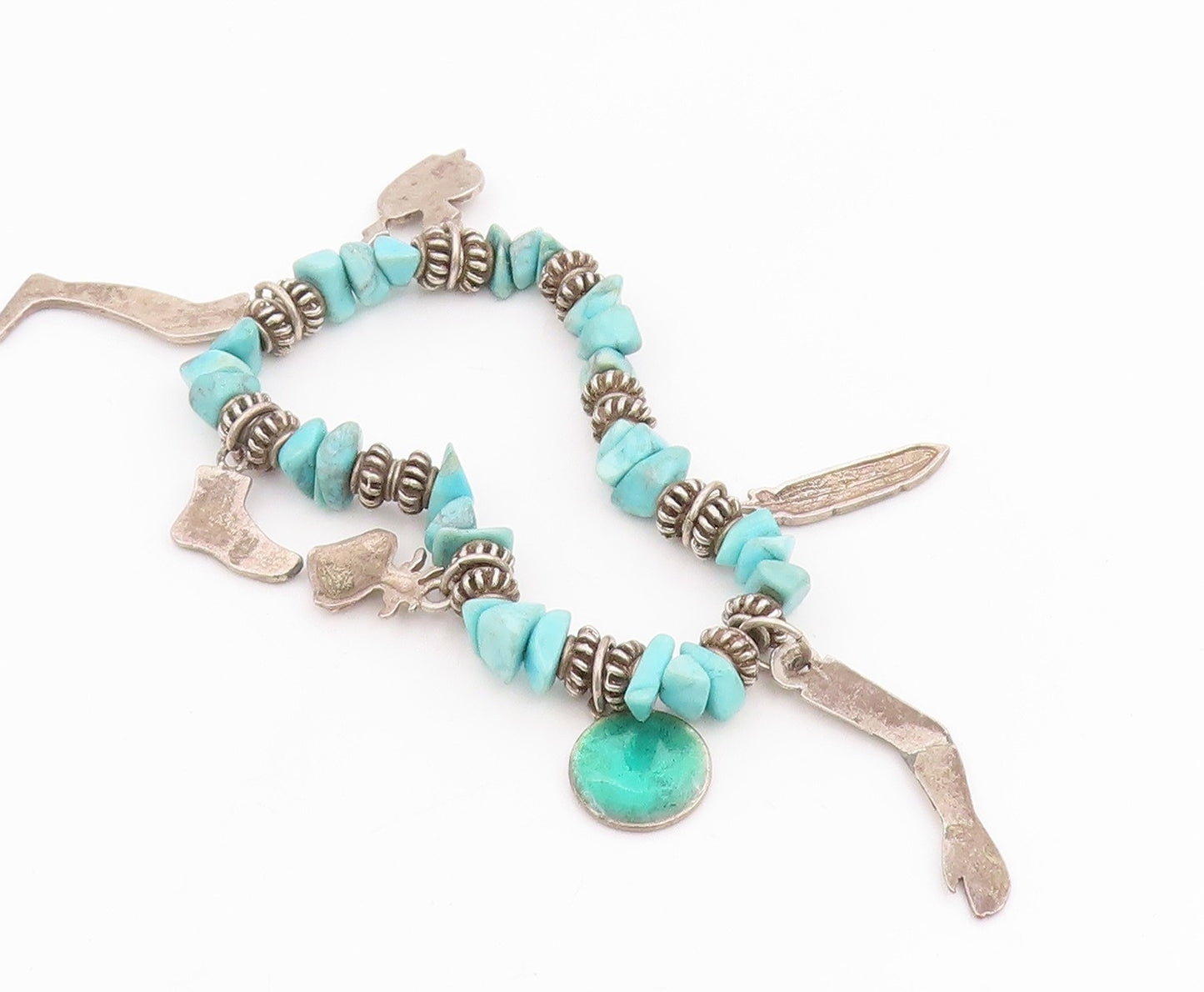 925 Sterling Silver Vintage Bracelet Beaded Turquoise With Etched Charms BT11857