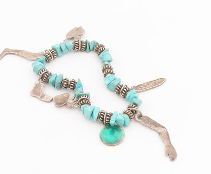 925 Sterling Silver Vintage Bracelet Beaded Turquoise With Etched Charms BT11857