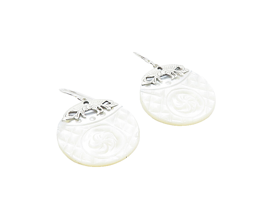 925 Sterling Silver  Mother Of Pearl Floral Carved Dangle Earrings  EG3085