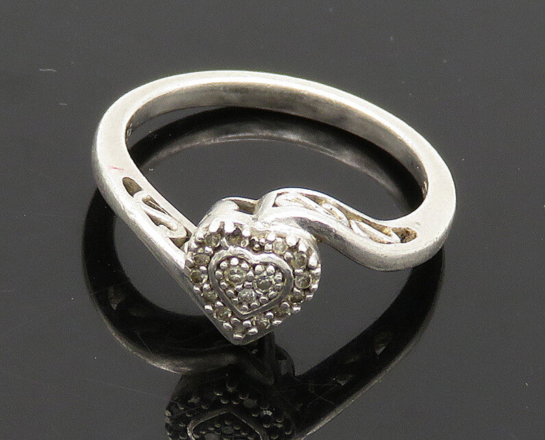 925 Sterling Silver  Vintage Genuine Diamonds Heart Band Ring Sz 7  RG20935