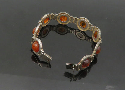 ZW POLAND 925 Silver  Vintage Cabochon Cut Amber Chain Bracelet  BT8503