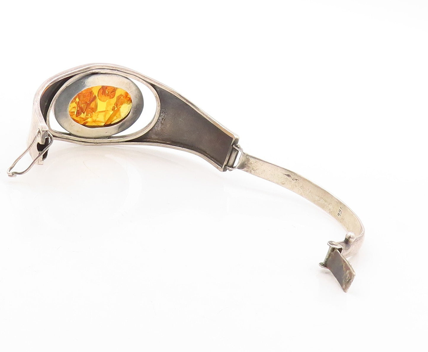 925 Sterling Silver Vintage Bracelet Designer Oval Honey Amber Bangle  BT10910