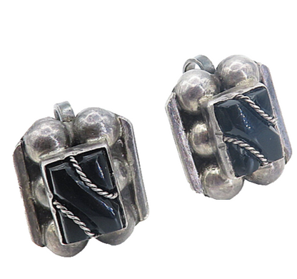 MEXICO 925 Silver  Vintage Black Onyx Rope Twist Non Pierce Earrings  EG3099