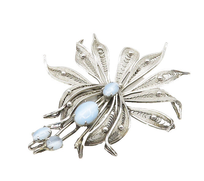 ENZELL 925 Silver  Vintage Blue Cat's Eye Stone Filigree Brooch Pin  BP7139