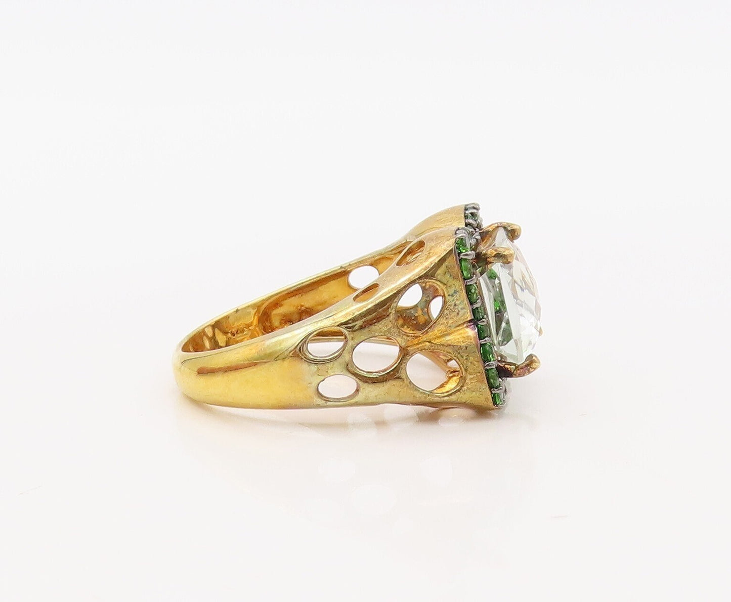 925 Sterling Silver Vintage Ring Gold Plated White  & Green Topaz  Sz 7  RG30632