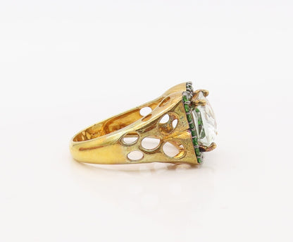 925 Sterling Silver Vintage Ring Gold Plated White  & Green Topaz  Sz 7  RG30632