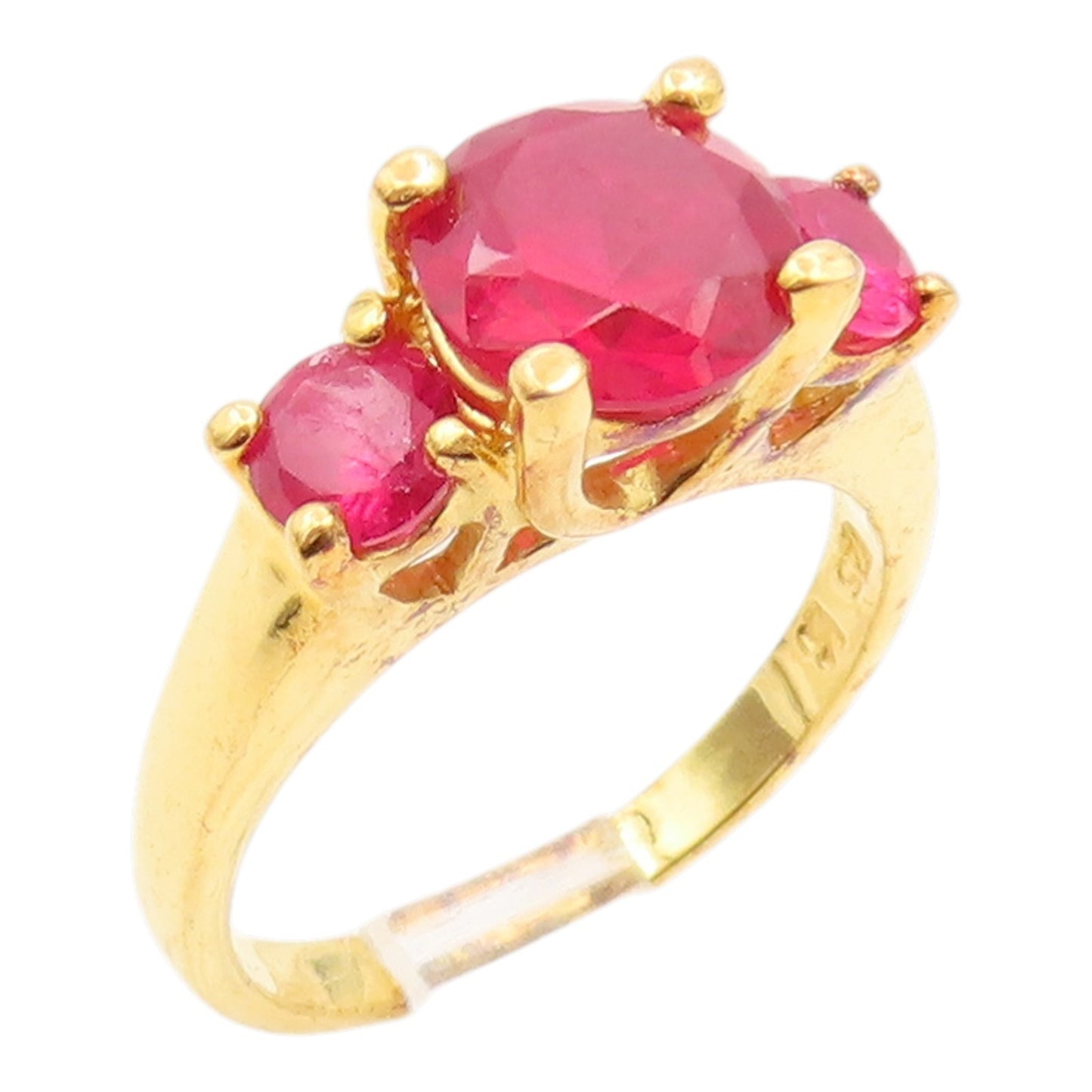 925 Sterling Silver Vintage Ring Gold Plated Three Stone Ruby Band Sz 6 RG35818