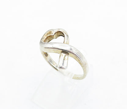 925 Sterling Silver  Vintage Shiny Love Heart Ribbon Band Ring Sz 7.5  RG5731
