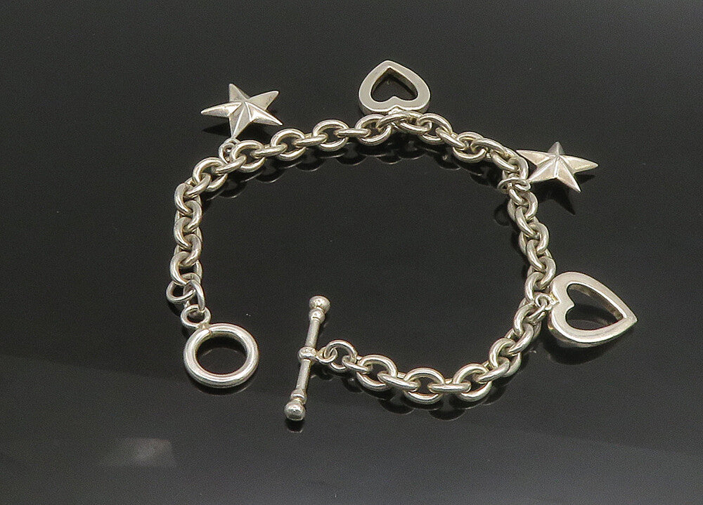 925 Sterling Silver  Vintage Shiny Love Heart & Stars Chain Bracelet  BT9070