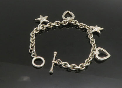 925 Sterling Silver  Vintage Shiny Love Heart & Stars Chain Bracelet  BT9070