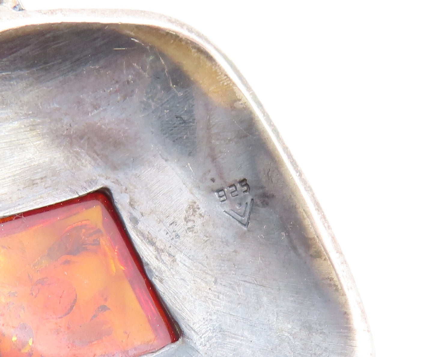 925 Sterling Silver Vintage Pendant Swirly Carved Square Shape Amber  PT23395