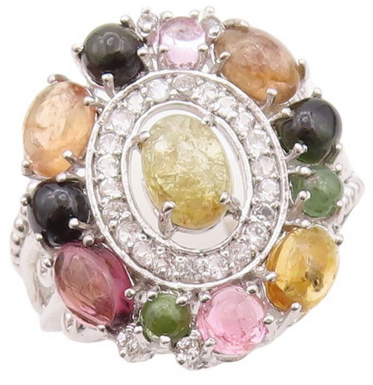 925 Sterling Silver Vintage Ring Multi Color Cabochon Gemstones  Sz 8  RG29962