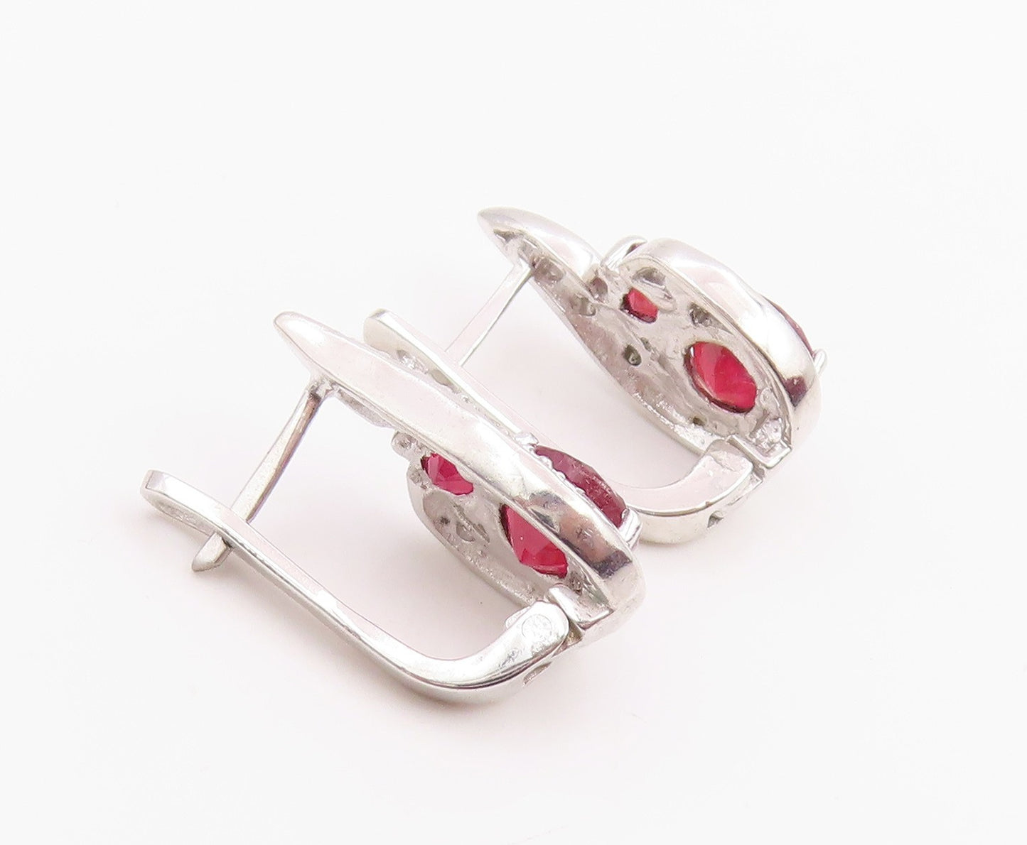 925 Sterling Silver Vintage Earrings Real Diamonds & Ruby Swirl Drop  EG14214