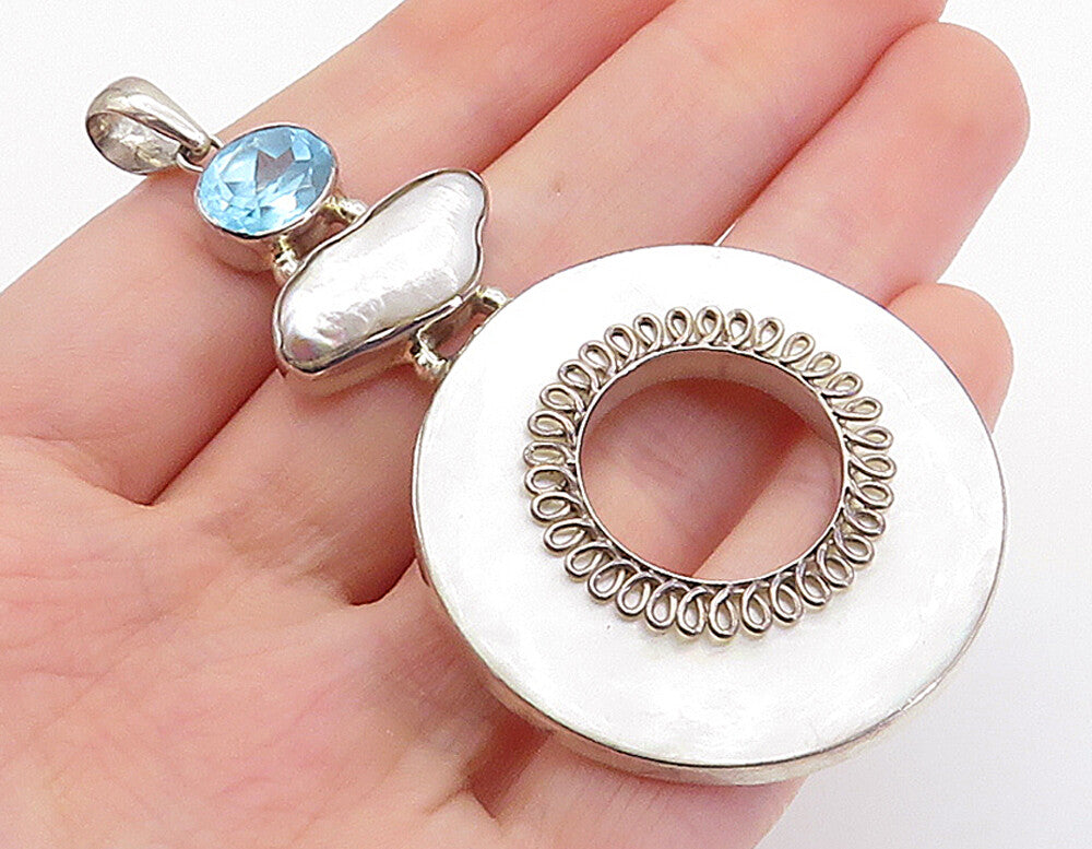 925 Sterling Silver  Vintage Pearl Mother Of Pearl & Topaz Pendant  PT5776