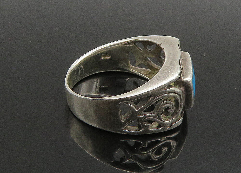 925 Sterling Silver Vintage Inlaid Turquoise Swirl Vine Band Ring Sz 6.5 RG23502