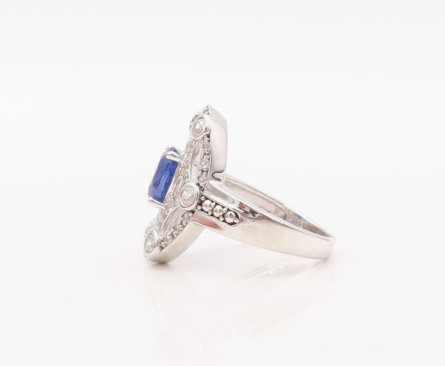 925 Sterling Silver Vintage Ring Spider Web Cutout CZ & Sapphire  Sz 7  RG30609