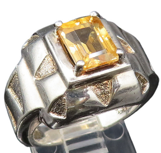 925 Sterling Silver Vintage Engraved Frame Citrine Square Ring Sz 7.5 RG25571