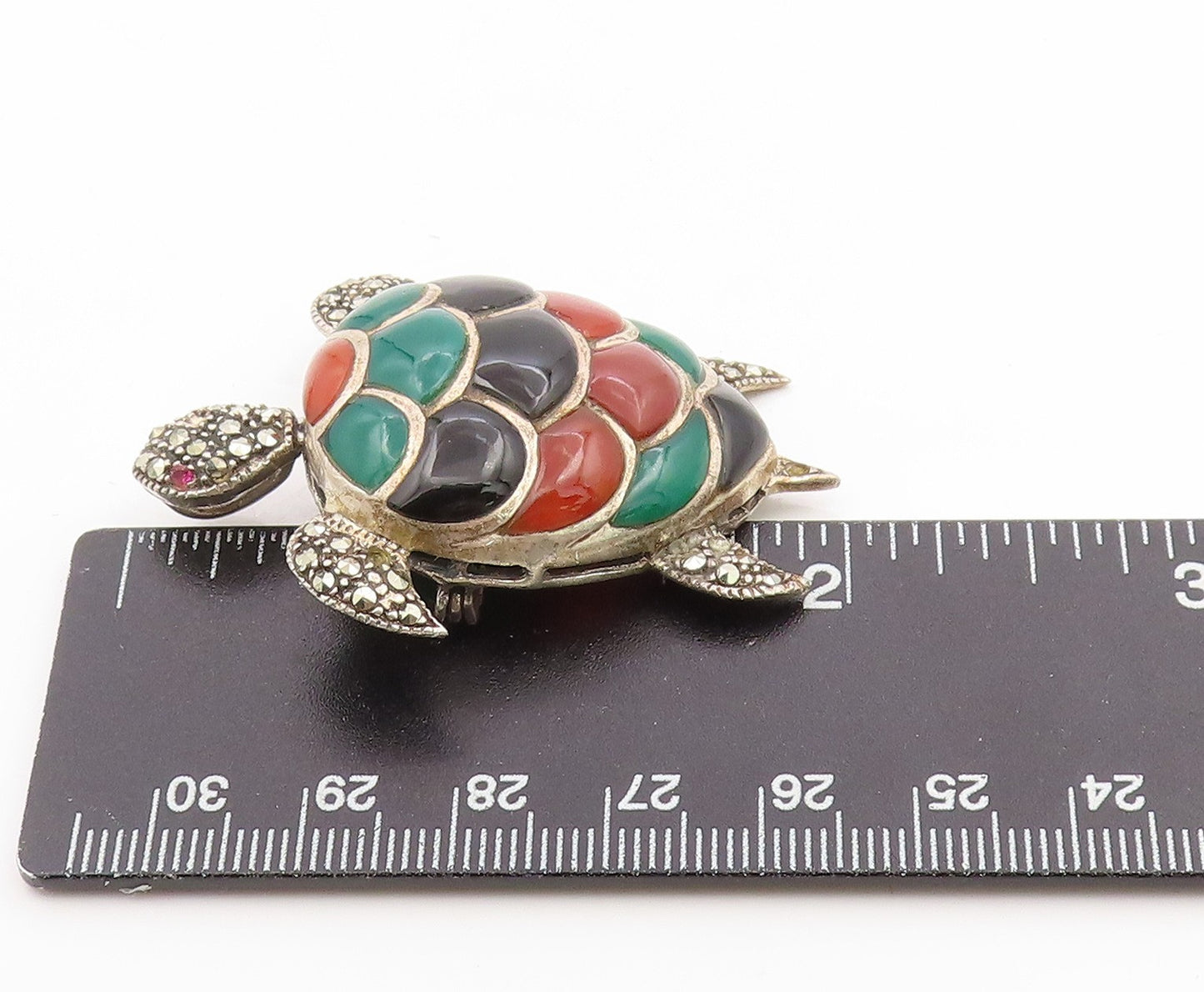 925 Sterling Silver Vintage Brooch Pin Multi Gemstone Turtle Charm  BP12276
