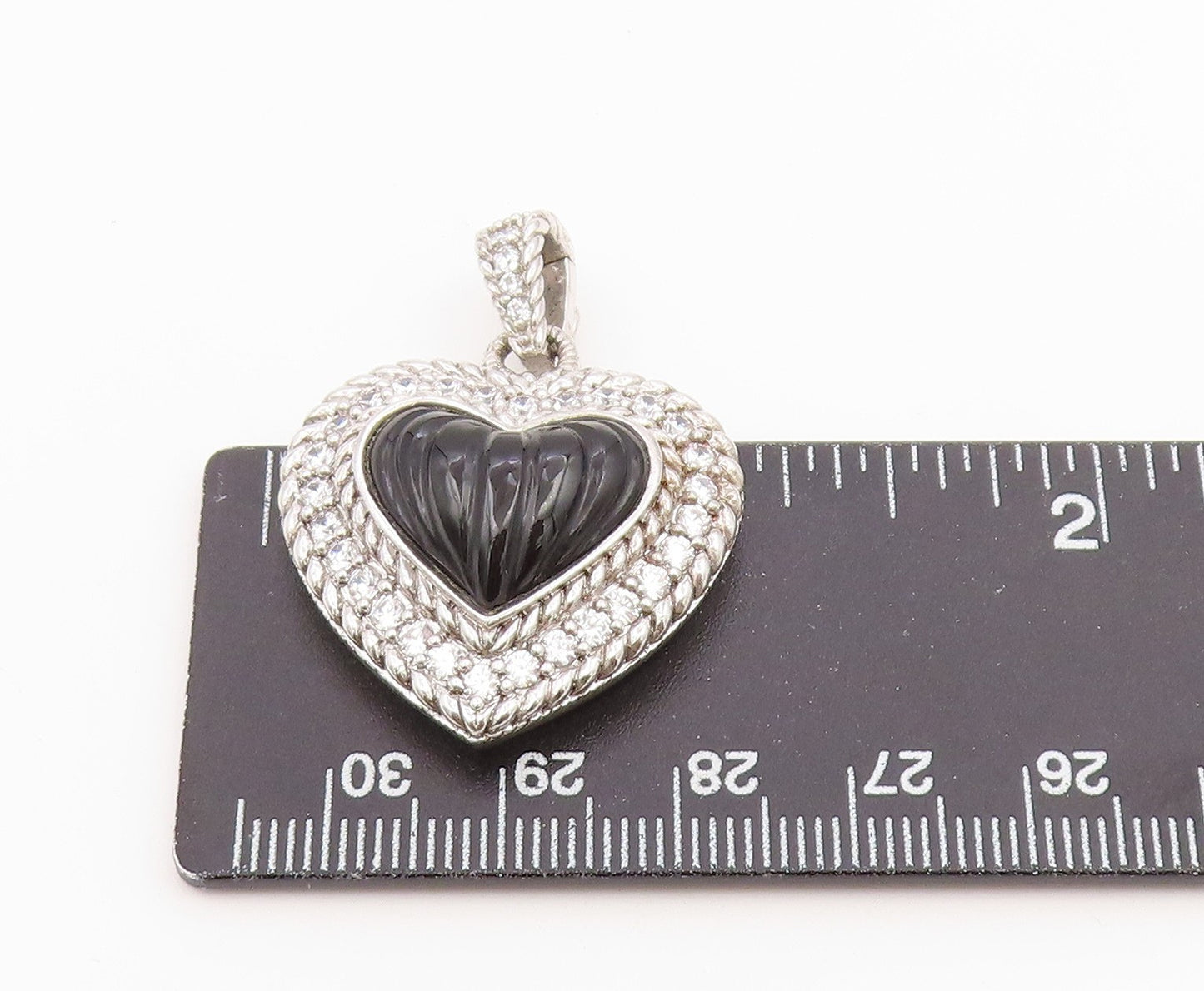 925 Sterling Silver Vintage Pendant JUDITH RIPKA Onyx & CZ Love Heart  PT26408