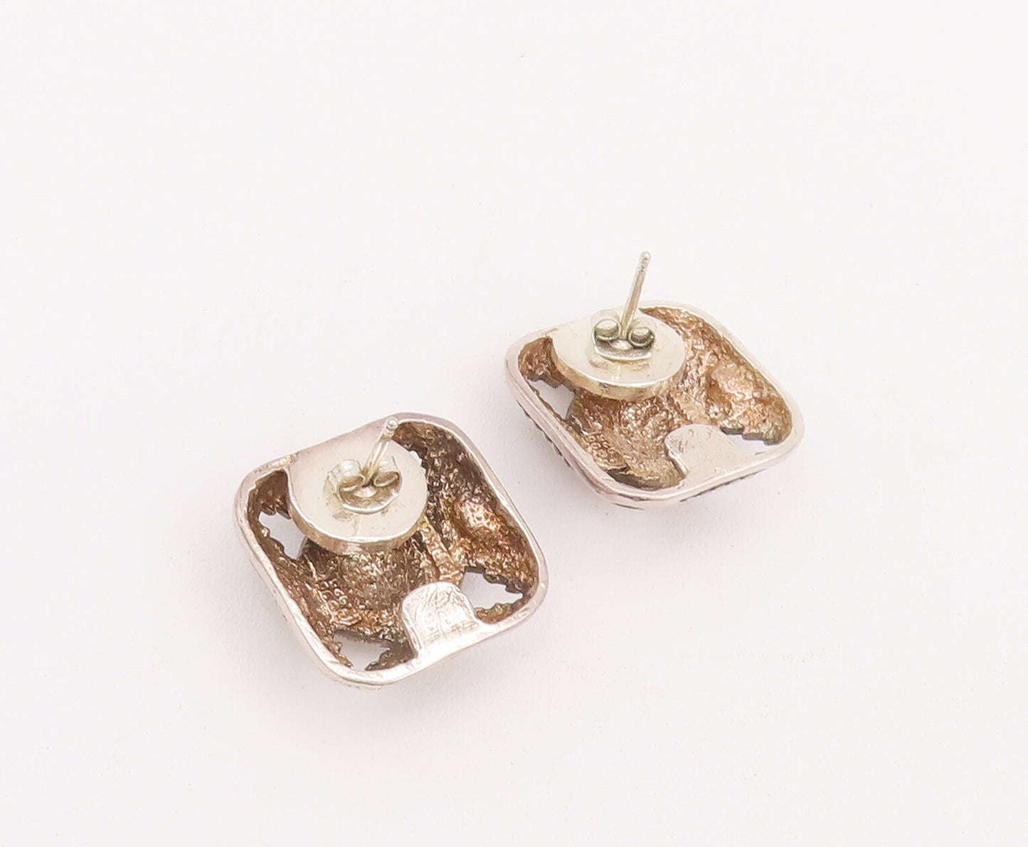 14k Gold 925 Sterling Silver Vintage Earrings CAROL FELLY Square Etched EG12928