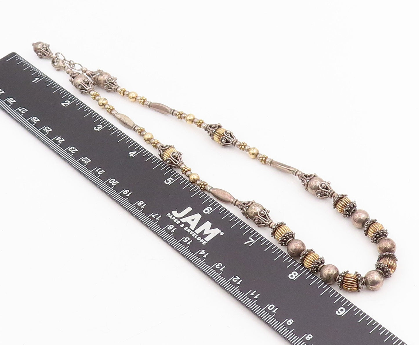 925 Sterling Silver Vintage Necklace Two Tone Bohemian Ethnic Bead Chain  NE4782